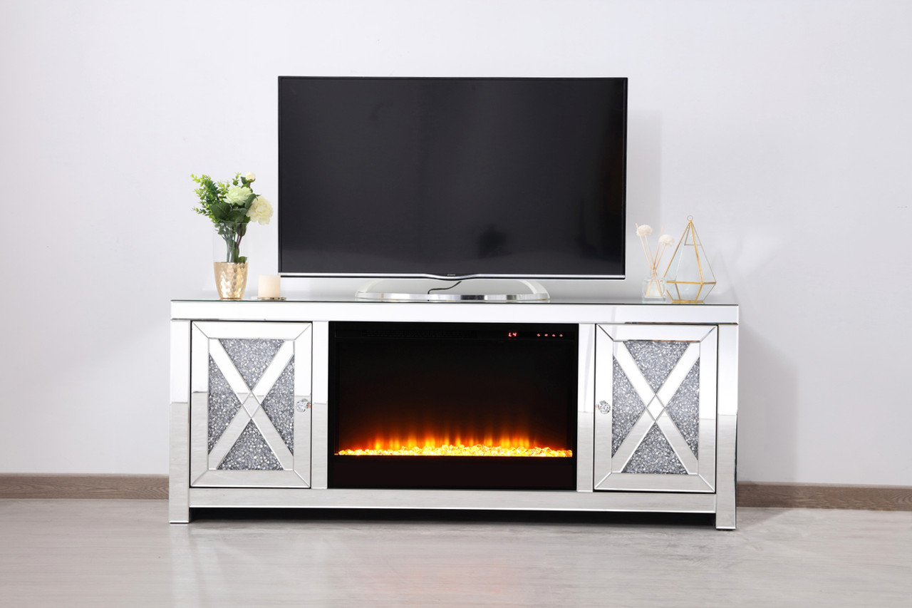 Elegant Decor MF9903-F2 59 in.crystal mirrored TV stand with crystal insert fireplace