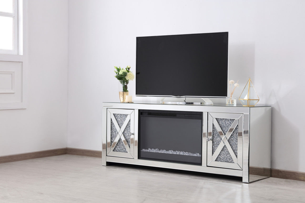 Elegant Decor MF9903-F2 59 in.crystal mirrored TV stand with crystal insert fireplace