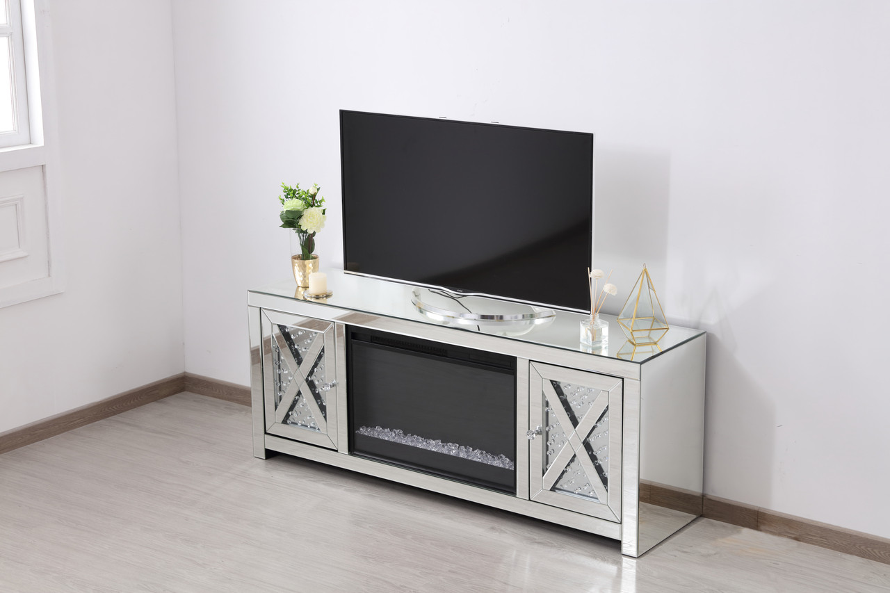 Elegant Decor MF9904-F2 59 in.crystal mirrored TV stand with crystal insert fireplace