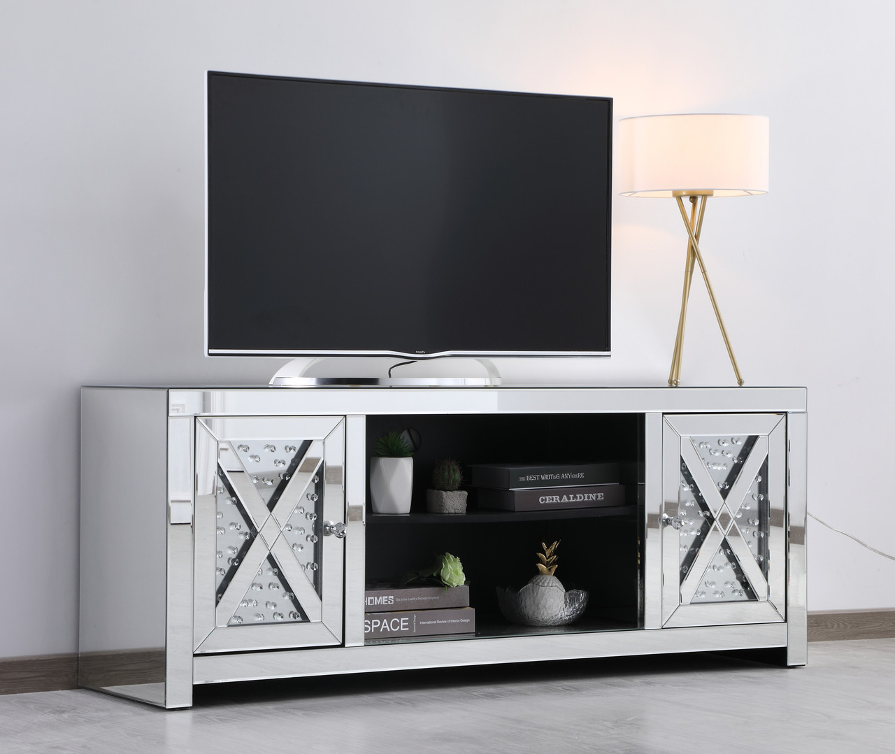 Elegant Decor MF9904 59 in. crystal mirrored TV stand