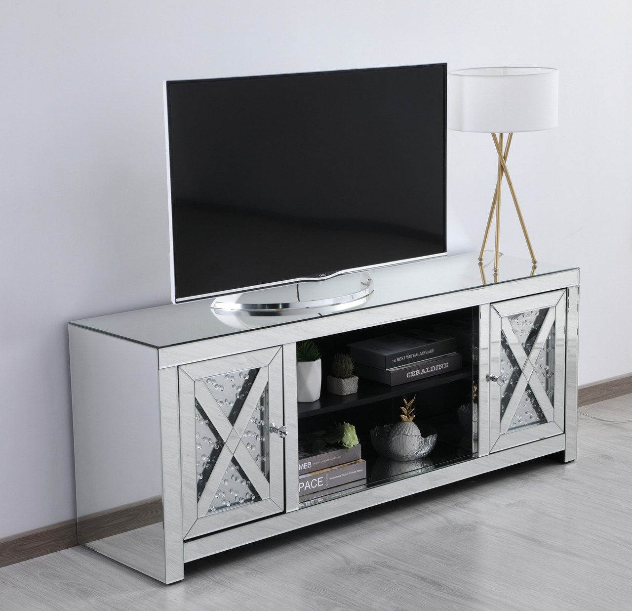 Elegant Decor MF9904 59 in. crystal mirrored TV stand