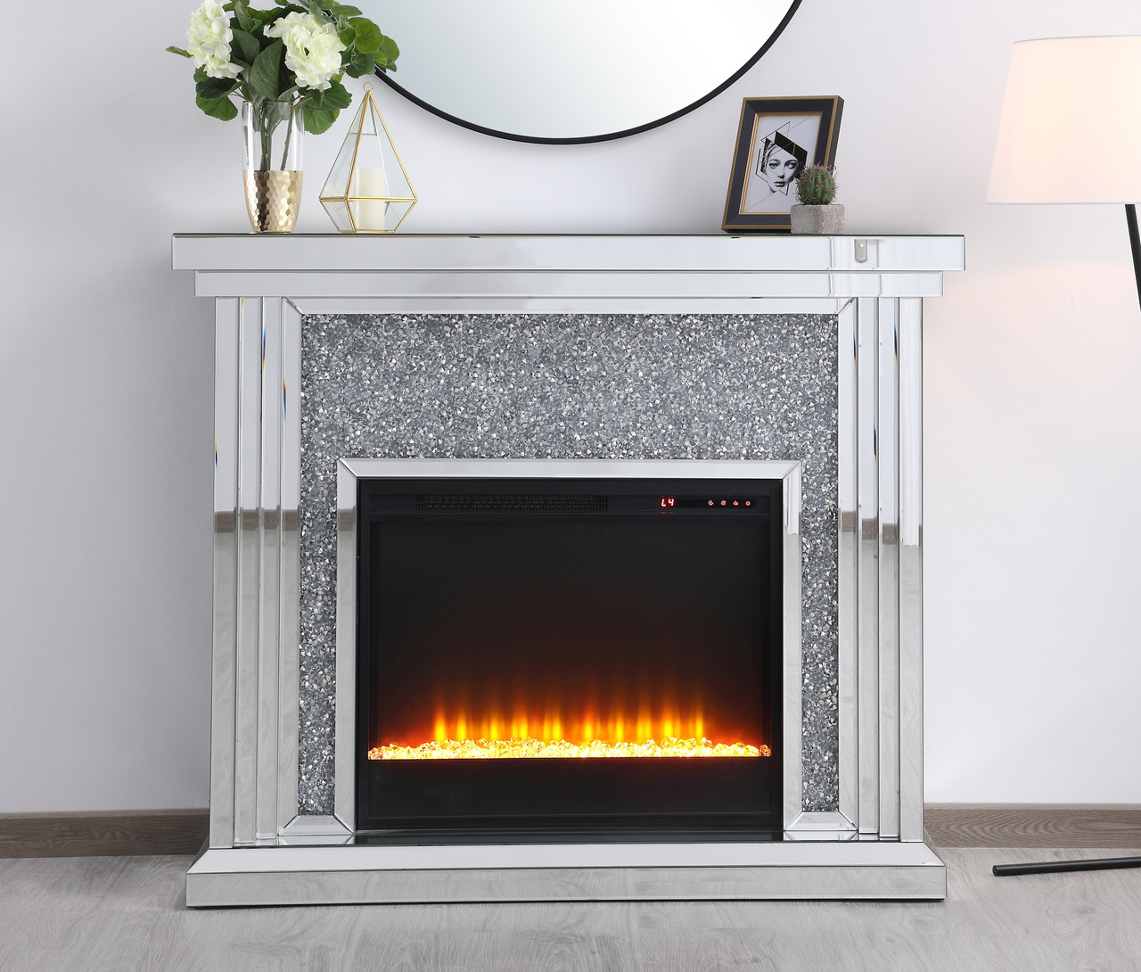 Elegant Decor MF9902-F2 47.5 in. Crystal mirrored mantle with crystal insert fireplace