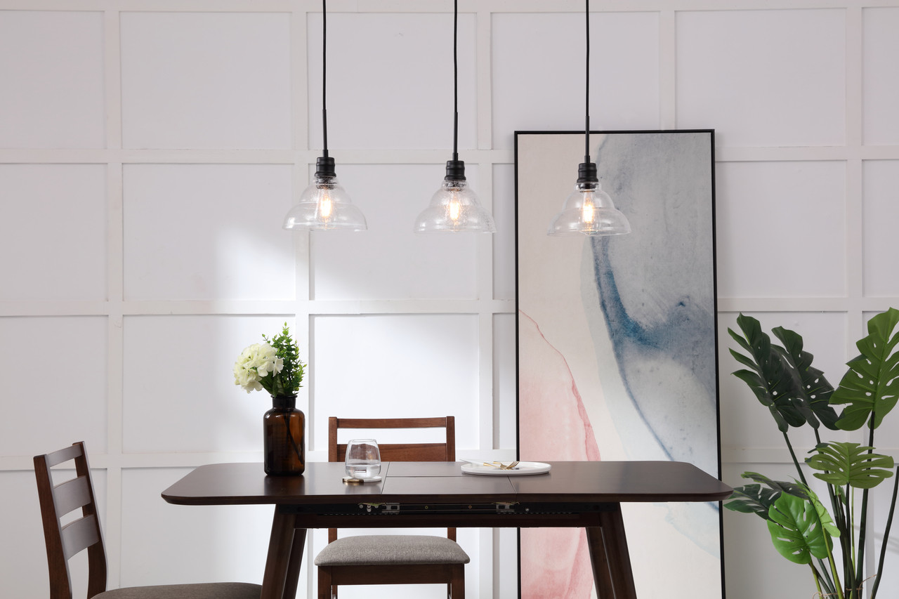 Living District LD6222BK Clive 3 light Black and Clear seeded glass pendant