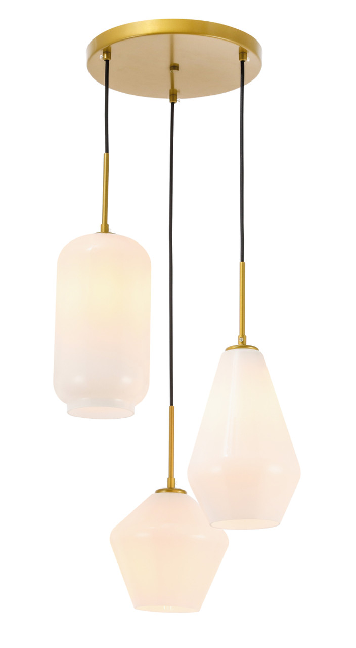 Living District LD2269BR Gene 3 light Brass and Frosted white glass pendant