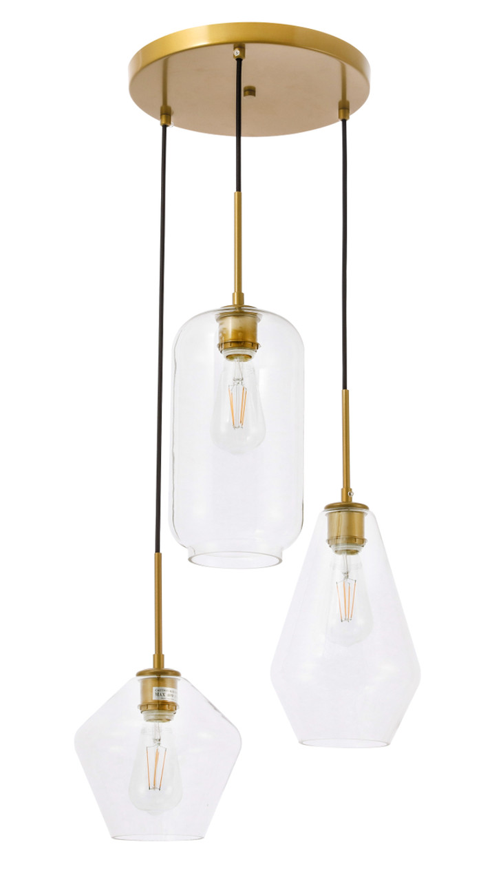 Living District LD2268BR Gene 3 light Brass and Clear glass pendant