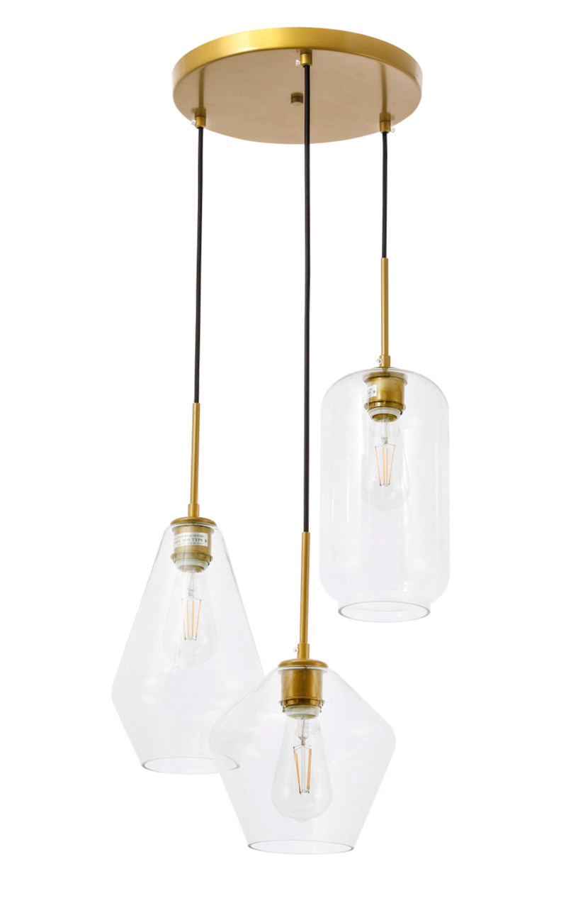 Living District LD2268BR Gene 3 light Brass and Clear glass pendant