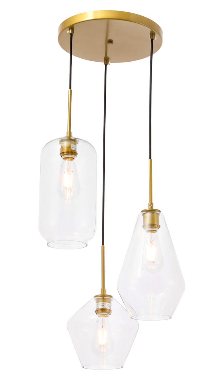 Living District LD2268BR Gene 3 light Brass and Clear glass pendant