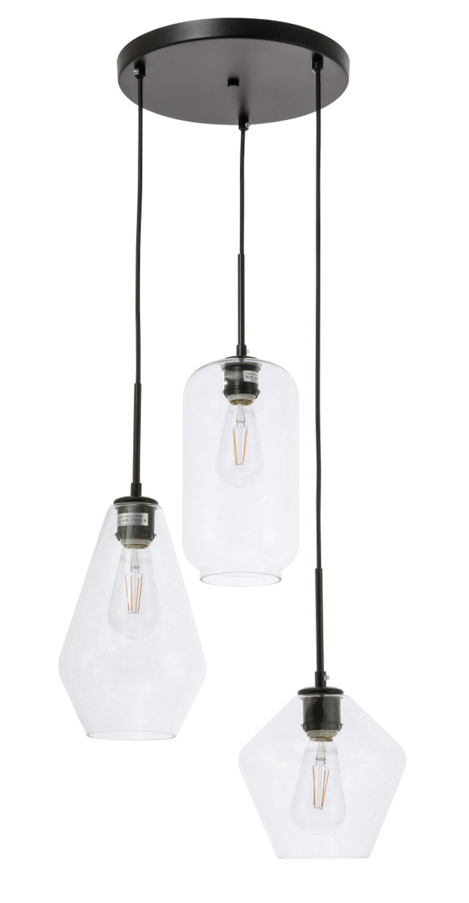 Living District LD2268BK Gene 3 light Black and Clear glass pendant