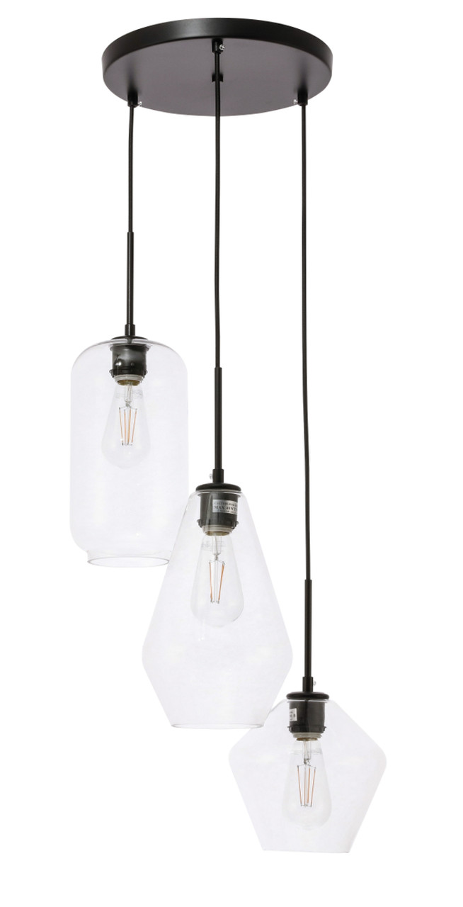 Living District LD2268BK Gene 3 light Black and Clear glass pendant