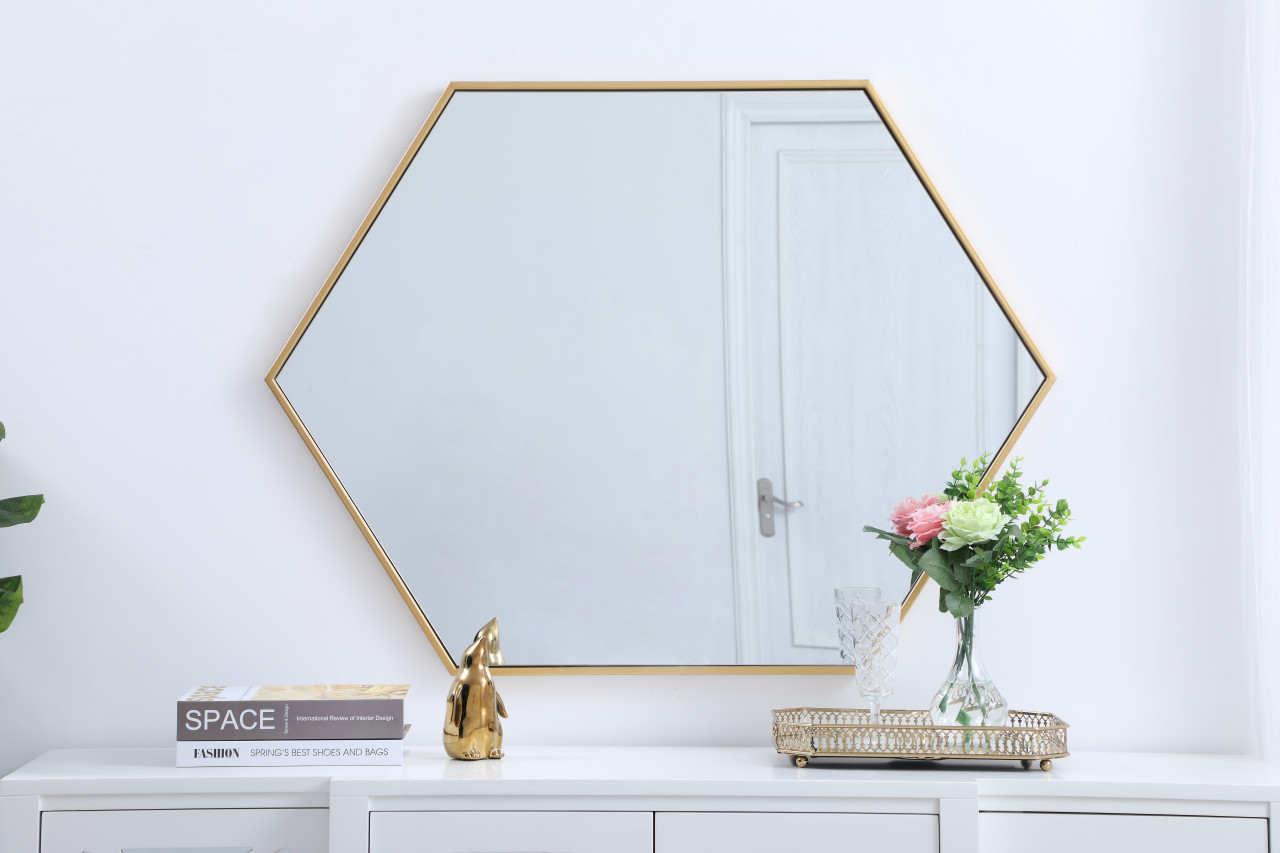 Elegant Decor MR4430BR Eternity Metal frame hexagon mirror 30 inch in Brass