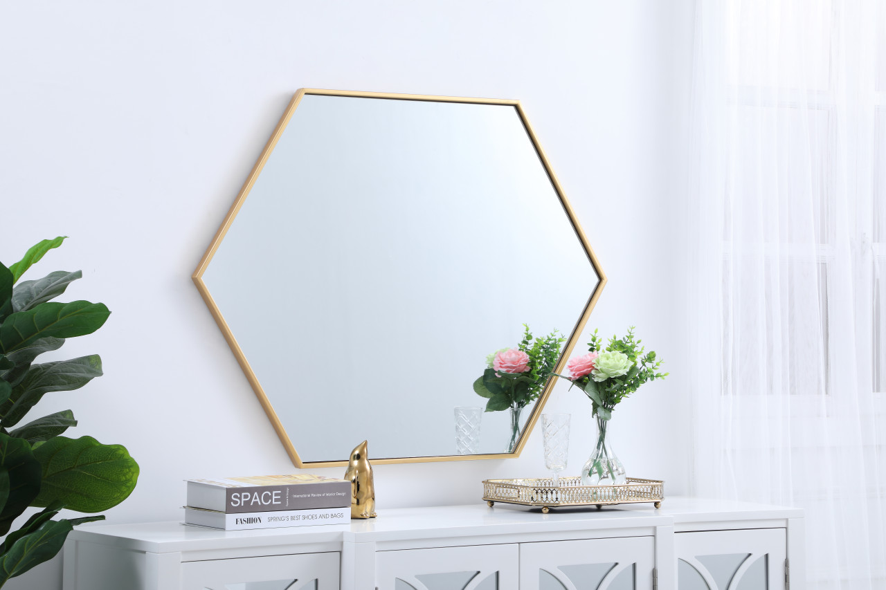 Elegant Decor MR4430BR Eternity Metal frame hexagon mirror 30 inch in Brass