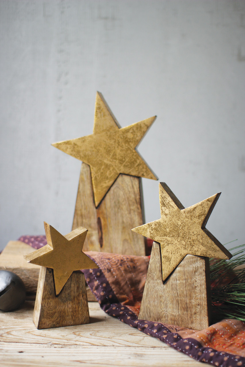 KALALOU NNV1008 SET OF THREE WOODEN STAR ON BASE