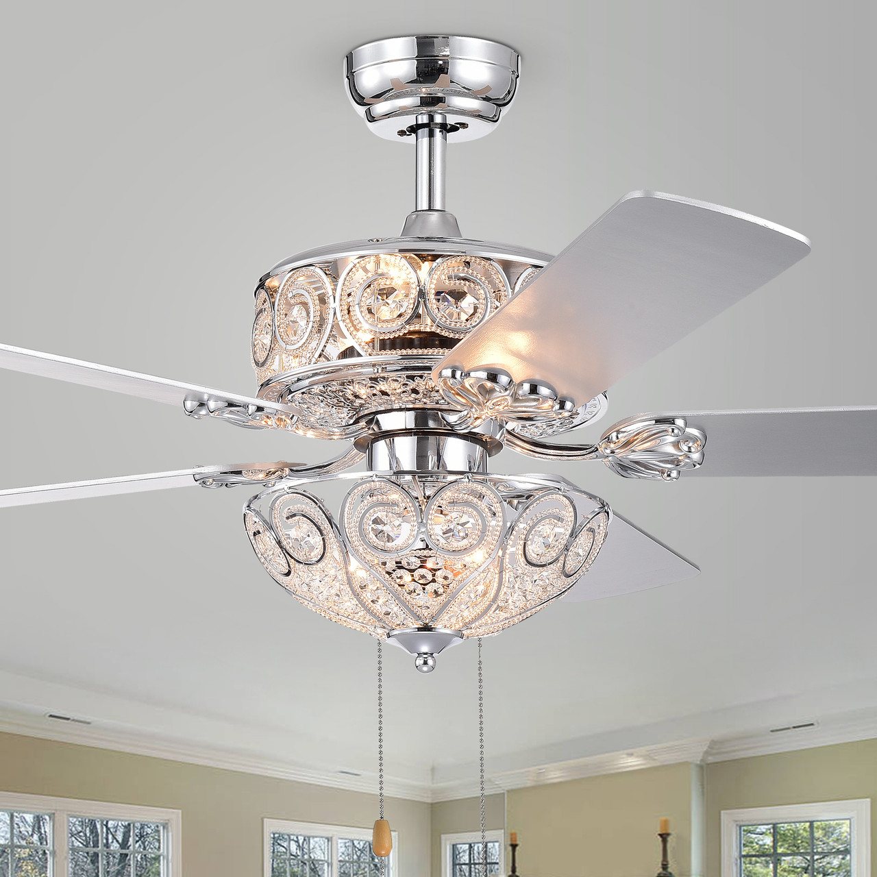 WAREHOUSE OF TIFFANY'S CFL-8370CH Catalina 52 in. 6-Light Indoor Chrome Finish Hand Pull Chain Ceiling Fan with Light Kit