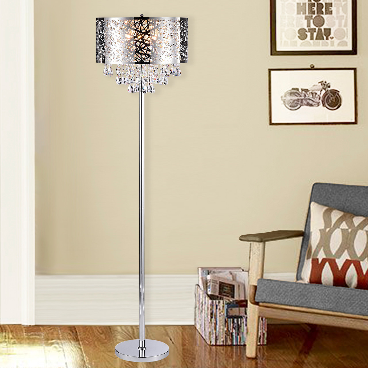 WAREHOUSE OF TIFFANY'S FL7992 Ivica 15.75 in. 3-Light Indoor Chrome Finish Floor Lamp with Light Kit