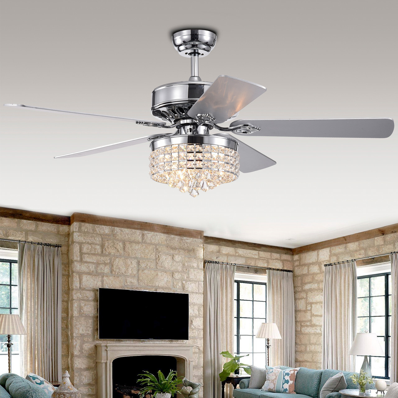 WAREHOUSE OF TIFFANY'S CFL-8358REMO/CH Letta 52 in. 3-Light Indoor Chrome Finish Remote Controlled Ceiling Fan with Light Kit