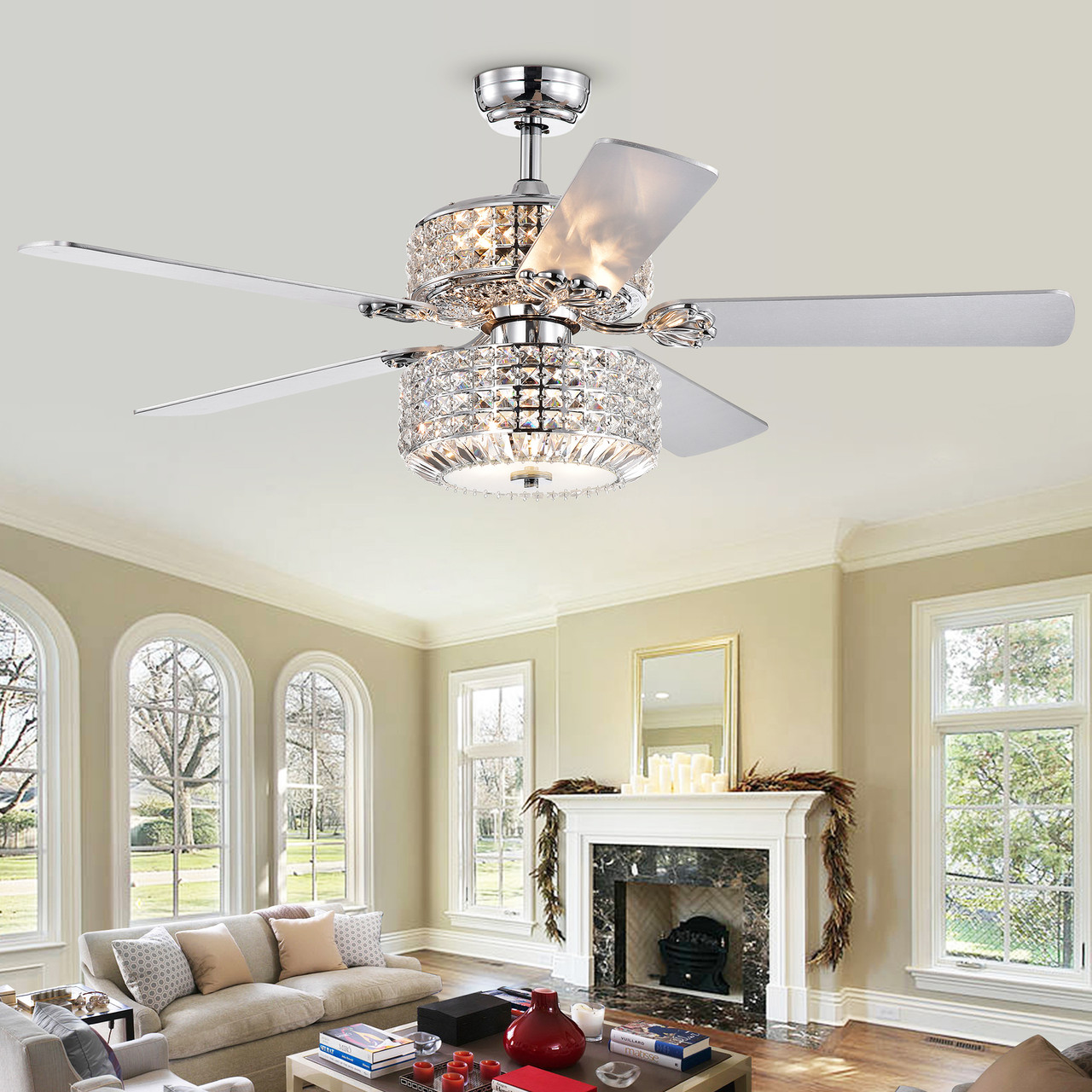 WAREHOUSE OF TIFFANY'S CFL-8372REMO/CH Copper 52 in. 3-Light Indoor Chrome Finish Remote Controlled Ceiling Fan with Light Kit