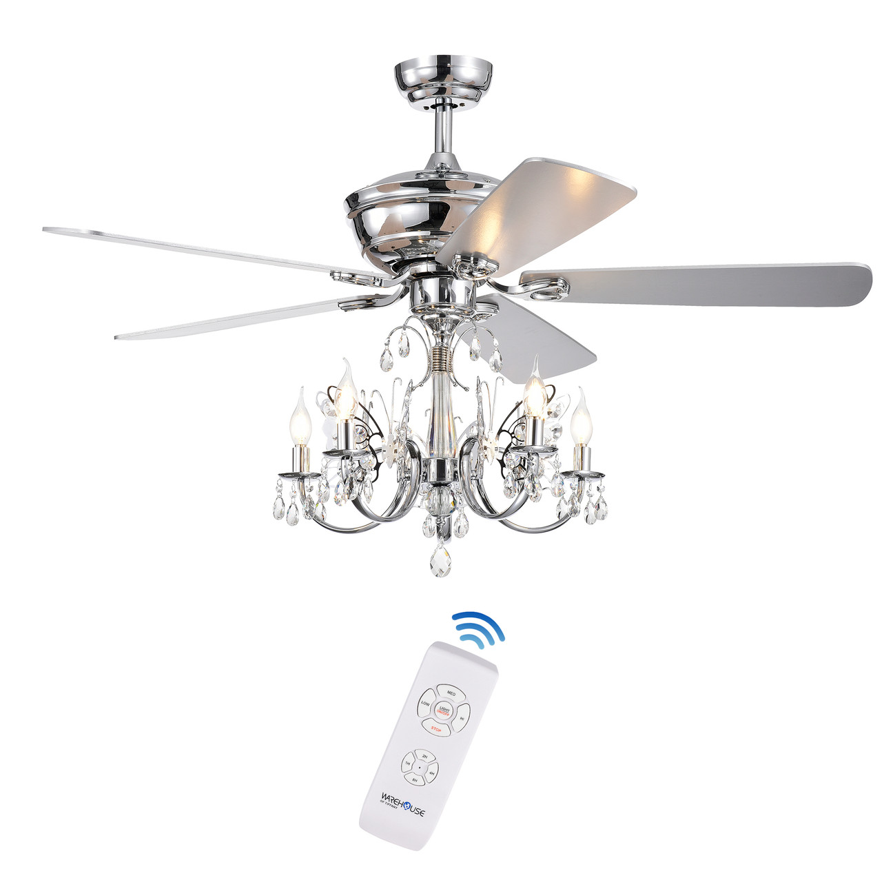 WAREHOUSE OF TIFFANY'S CFL-8390REMO/CH Silver 52 in. 5-Light Indoor Chrome Finish Remote Controlled Ceiling Fan with Light Kit