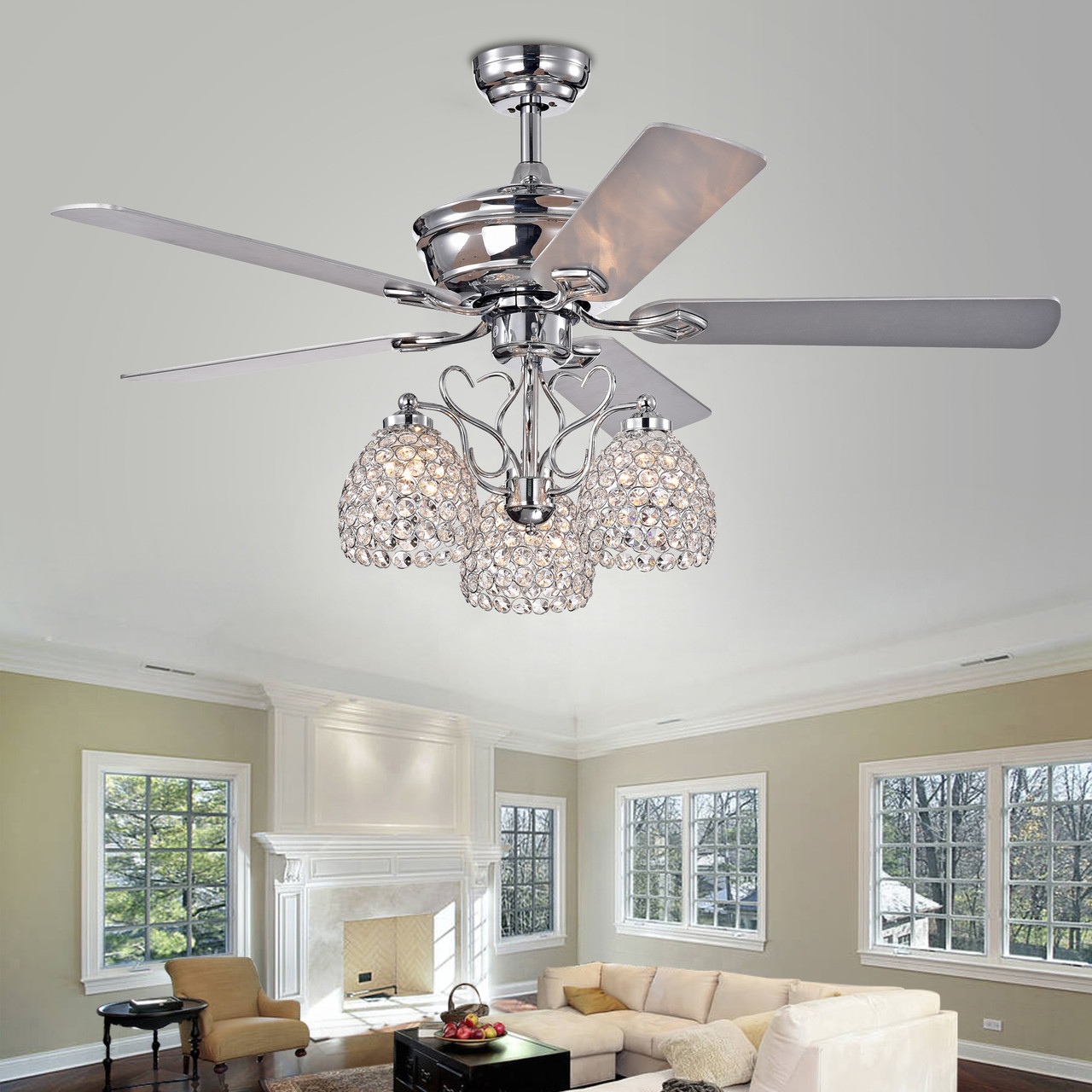 WAREHOUSE OF TIFFANY'S CFL-8419REMO/CH Boffen 52 in. 3-Light Indoor Chrome Finish Remote Controlled Ceiling Fan with Light Kit