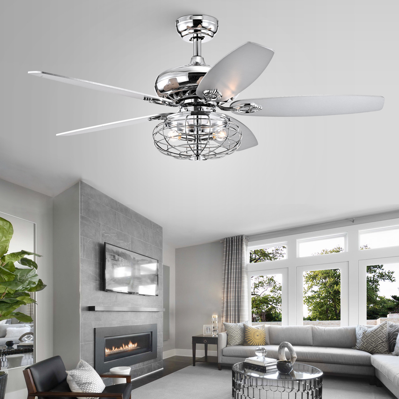 WAREHOUSE OF TIFFANY'S CFL-8434REMO/CH Chi 52 in. 2-Light Indoor Chrome Finish Remote Controlled Ceiling Fan with Light Kit