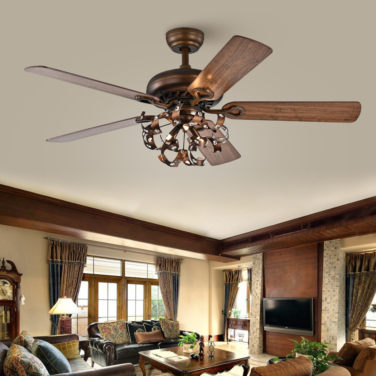 WAREHOUSE OF TIFFANY'S CFL-8446REMO/SB Paz 52 in. 3-Light Indoor Bronze Finish Remote Controlled Ceiling Fan with Light Kit