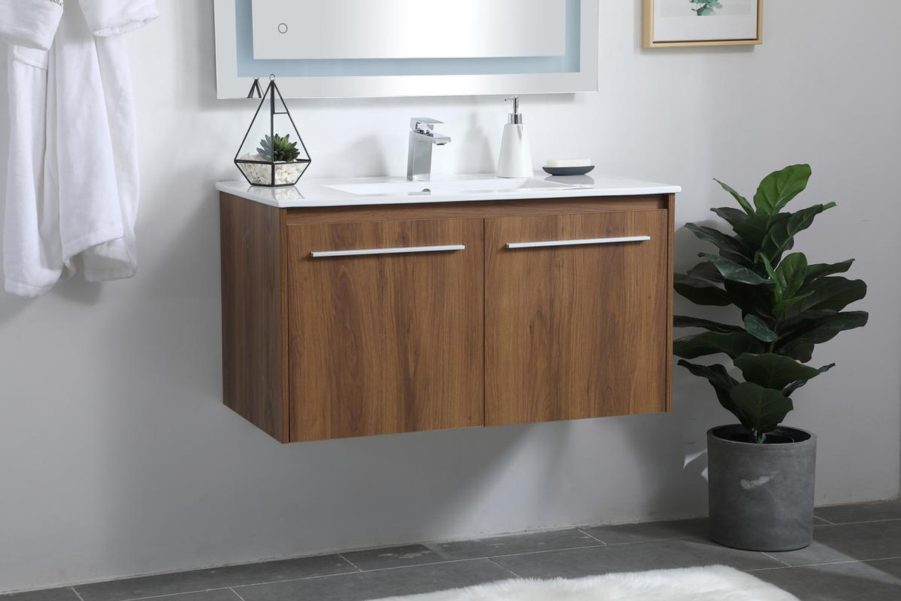 ELEGANT DECOR VF44036WB 36 inch  Single Bathroom Floating Vanity in Walnut Brown ELEGANT DECOR VF44036WB 36 inch  Single Bathroom Floating Vanity in Walnut Brown