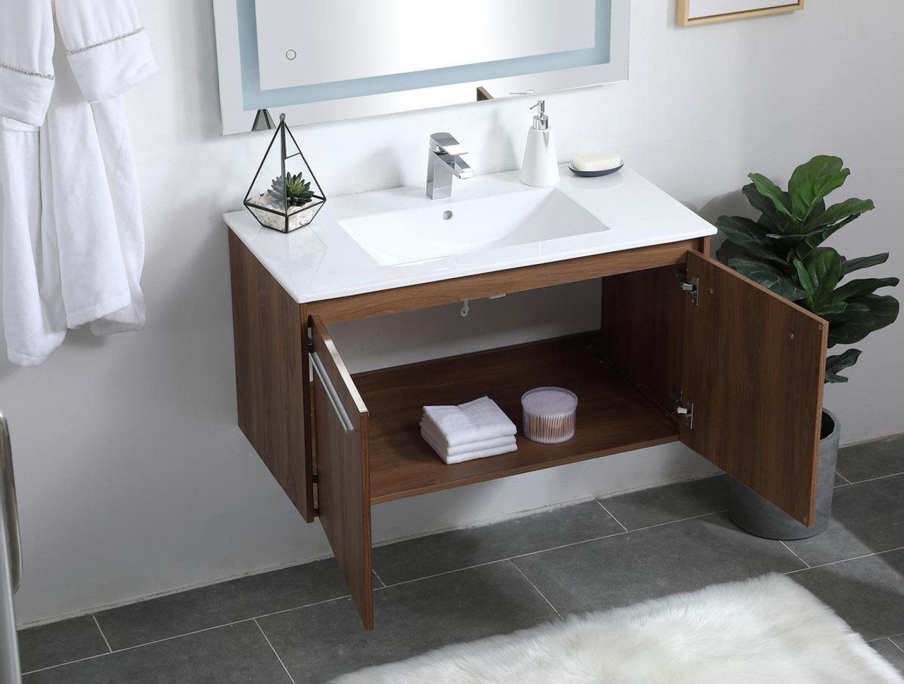 ELEGANT DECOR VF44036WB 36 inch  Single Bathroom Floating Vanity in Walnut Brown ELEGANT DECOR VF44036WB 36 inch  Single Bathroom Floating Vanity in Walnut Brown