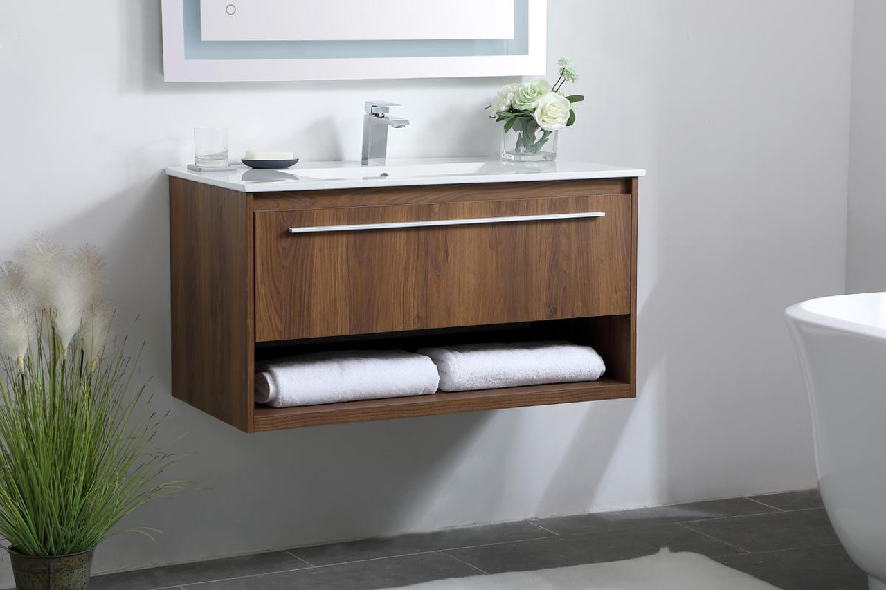 ELEGANT DECOR VF43036WB 36 inch  Single Bathroom Floating Vanity in Walnut Brown ELEGANT DECOR VF43036WB 36 inch  Single Bathroom Floating Vanity in Walnut Brown