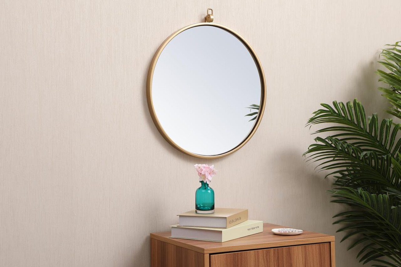 Elegant Decor MR4718BR Metal frame round mirror with decorative hook 18 inch in Brass