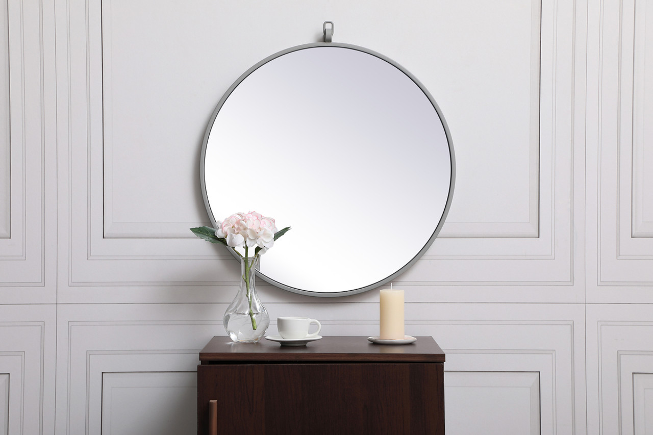 Elegant Decor MR4721GR Metal frame round mirror with decorative hook 21 inch in Grey