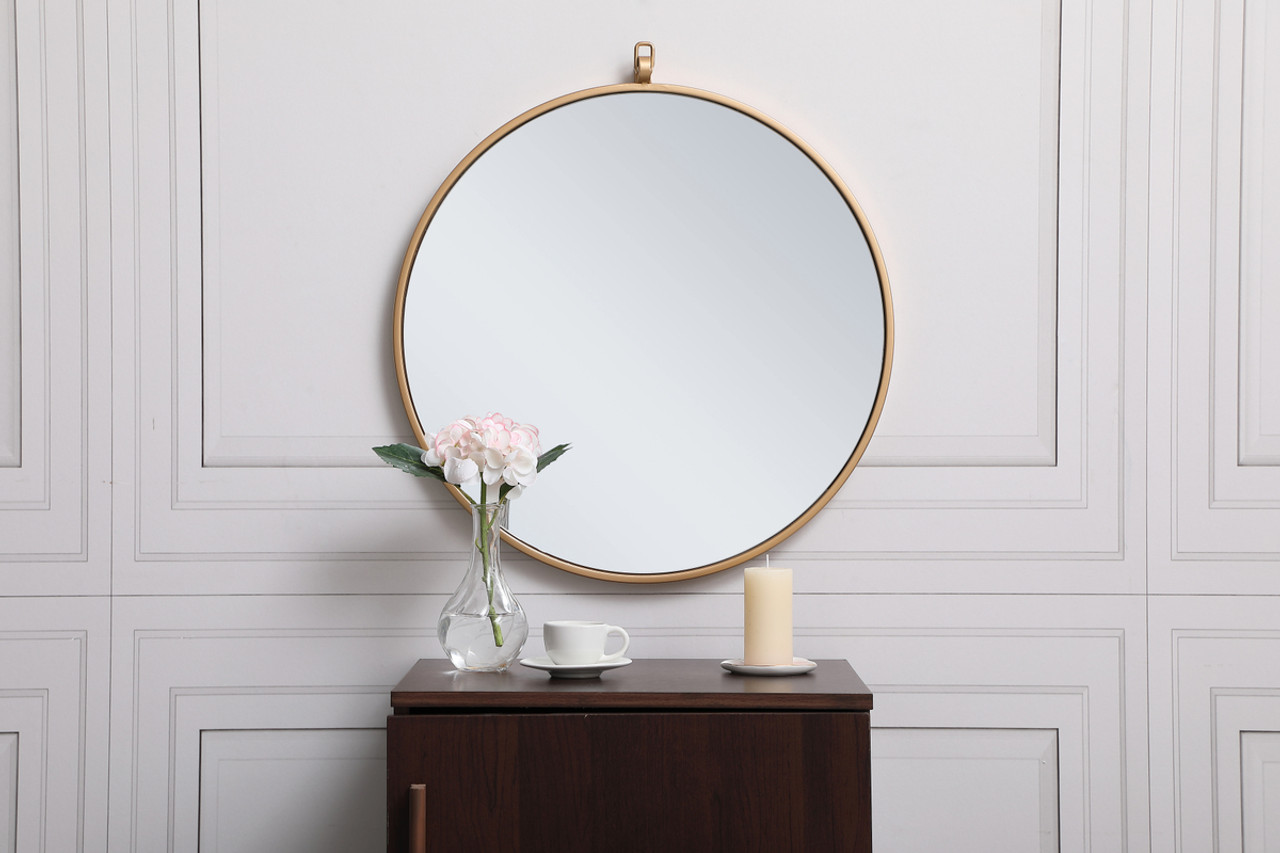 Elegant Decor MR4721BR Metal frame round mirror with decorative hook 21 inch in Brass