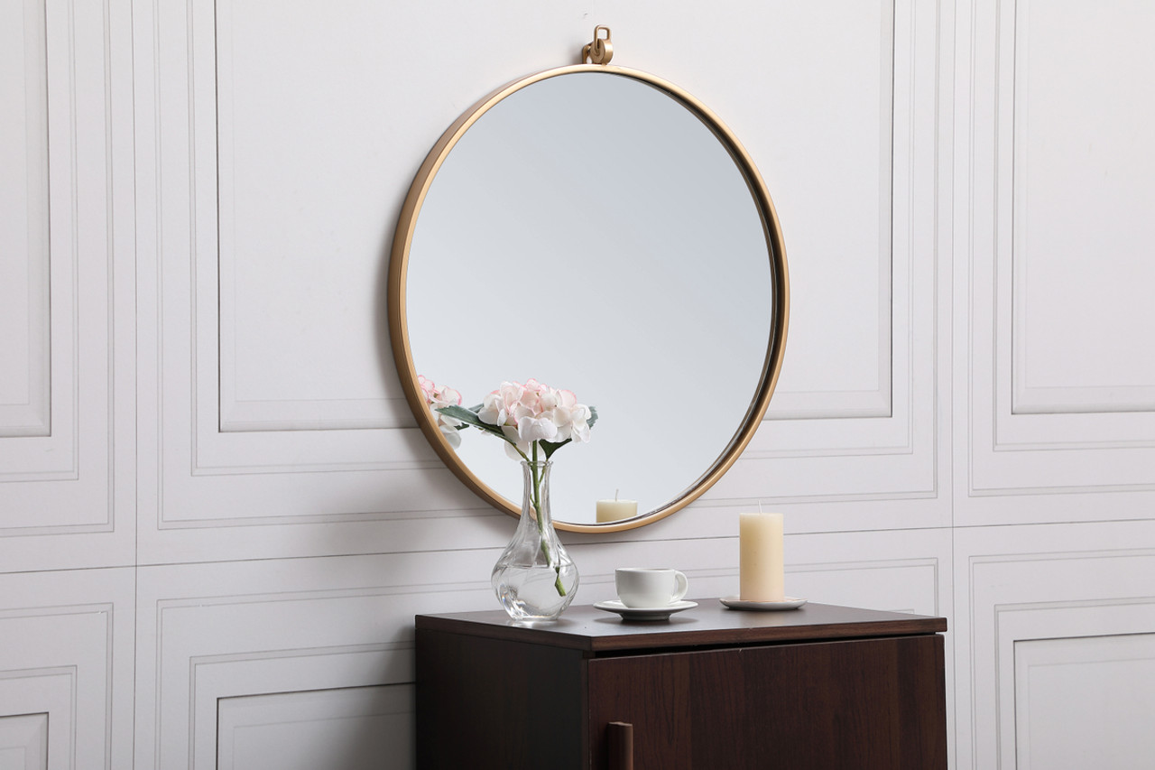 Elegant Decor MR4721BR Metal frame round mirror with decorative hook 21 inch in Brass