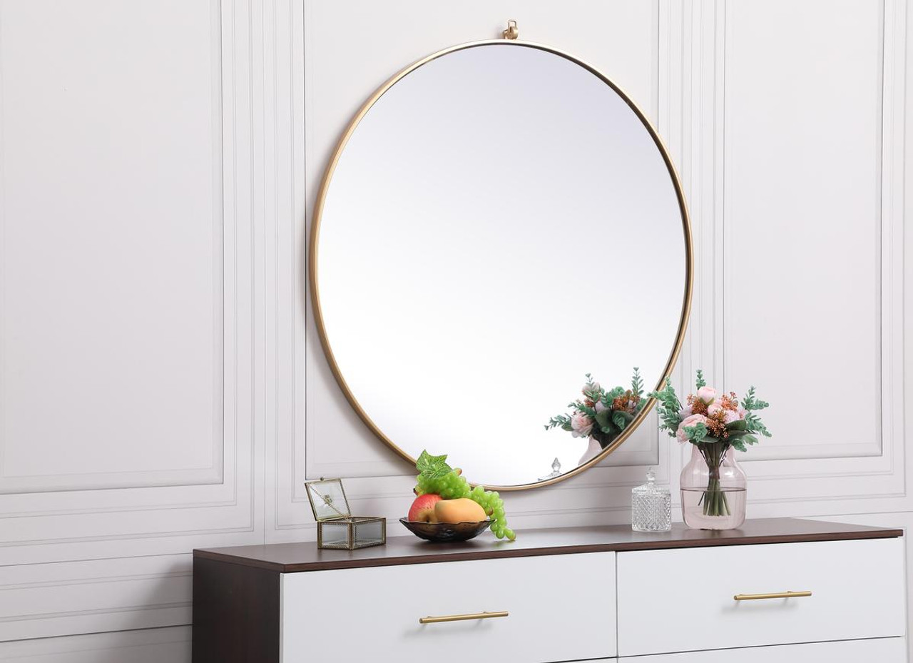 Elegant Decor MR4739BR Metal frame round mirror with decorative hook 39 inch in Brass