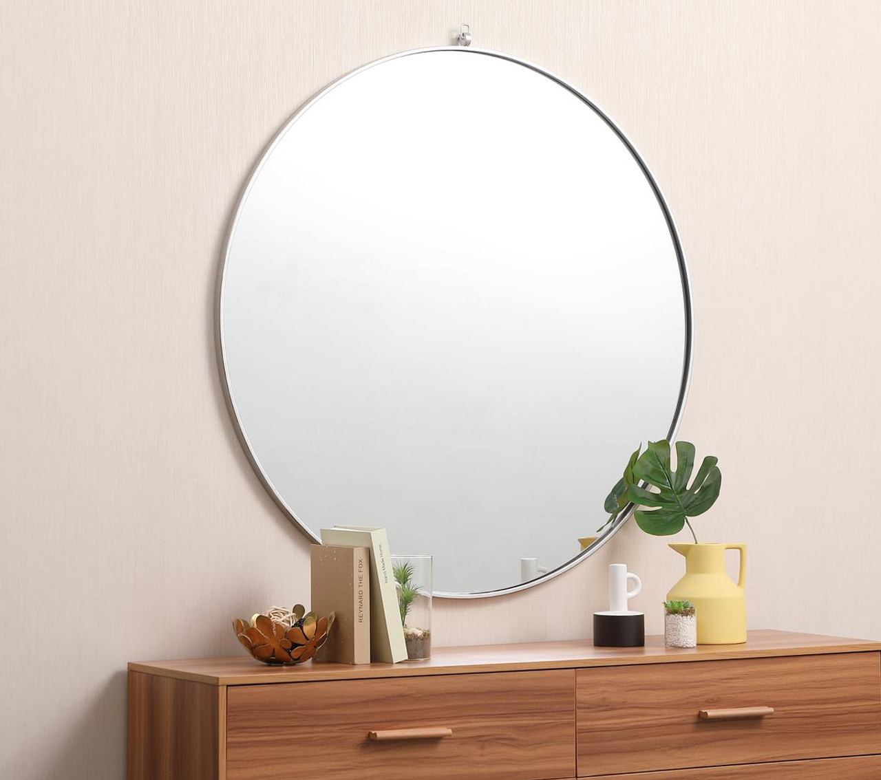 Elegant Decor MR4745S Metal frame round mirror with decorative hook 45 inch in silver