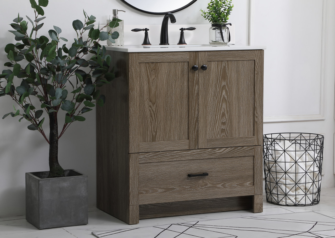 Elegant Decor VF2830WO-BS 30 inch Single Bathroom Vanity in Weathered oak with Backsplash