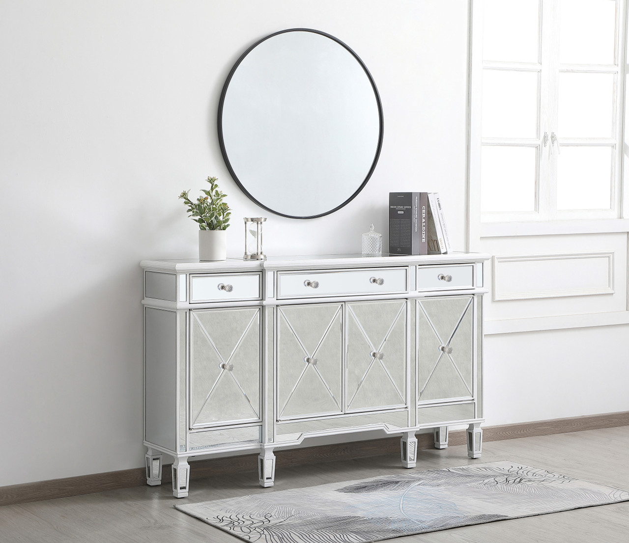 Elegant Decor MF6-1001AW 60 inch mirrored credenza in antique white