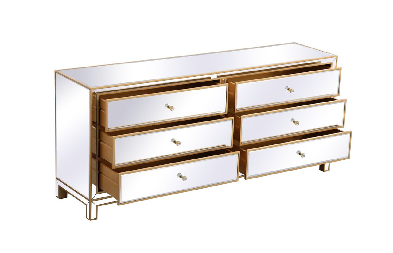 Elegant Décor MF73672G Reflexion 72 in. mirrored six drawer chest in gold