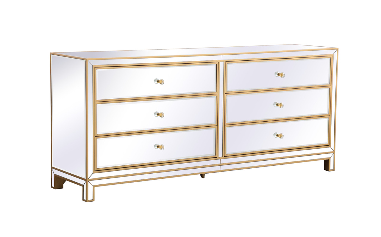 Elegant Décor MF73672G Reflexion 72 in. mirrored six drawer chest in gold