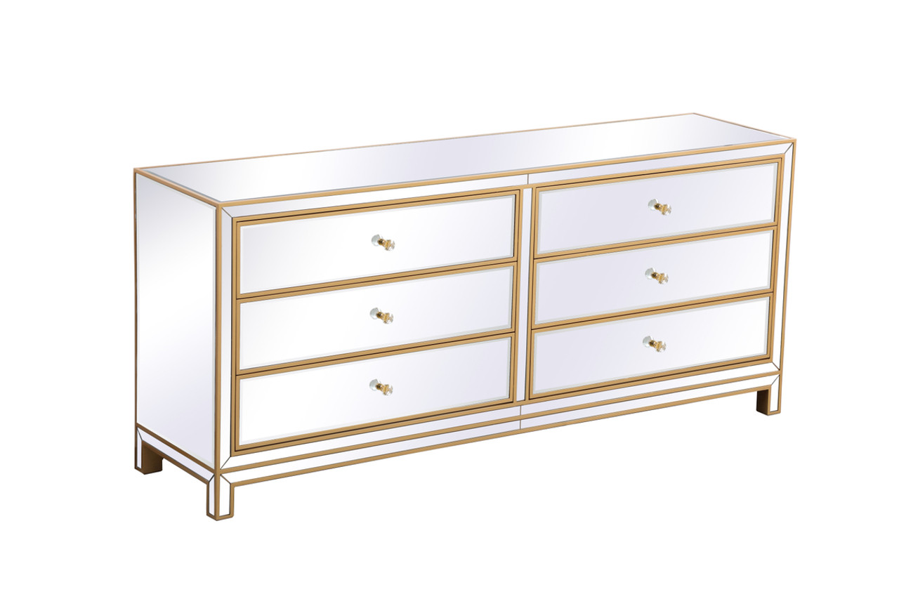 Elegant Décor MF73672G Reflexion 72 in. mirrored six drawer chest in gold