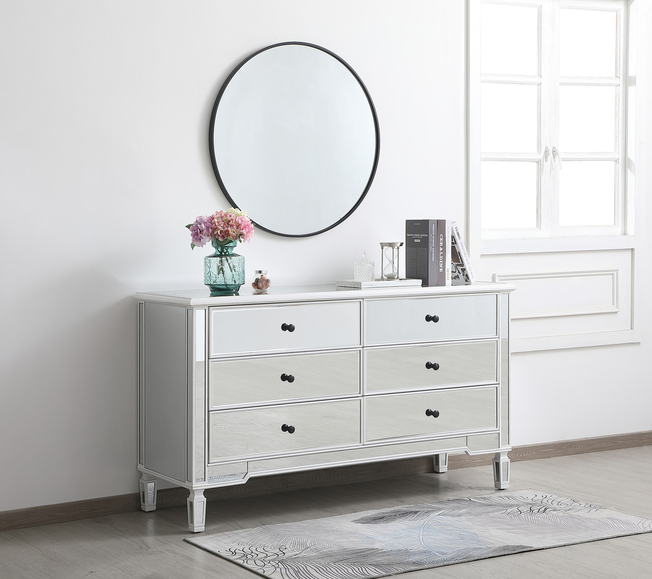 Elegant Decor MF6-1036AW 60 inch mirrored 6 drawer chest in antique white