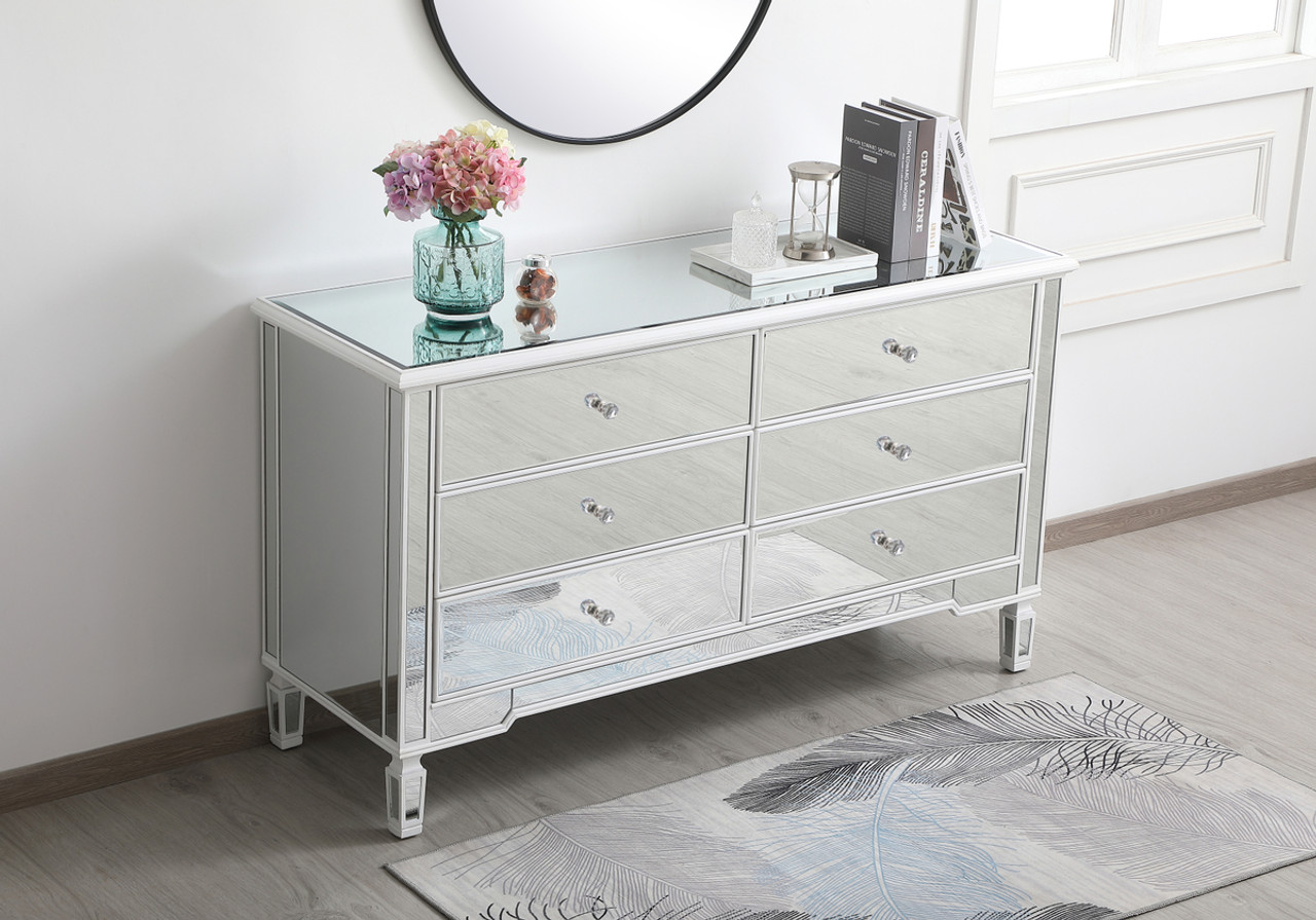 Elegant Decor MF6-1036AW 60 inch mirrored 6 drawer chest in antique white