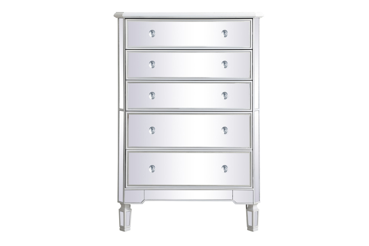 Elegant Decor MF6-1026AW 33 inch mirrored 5 drawer chest in antique white