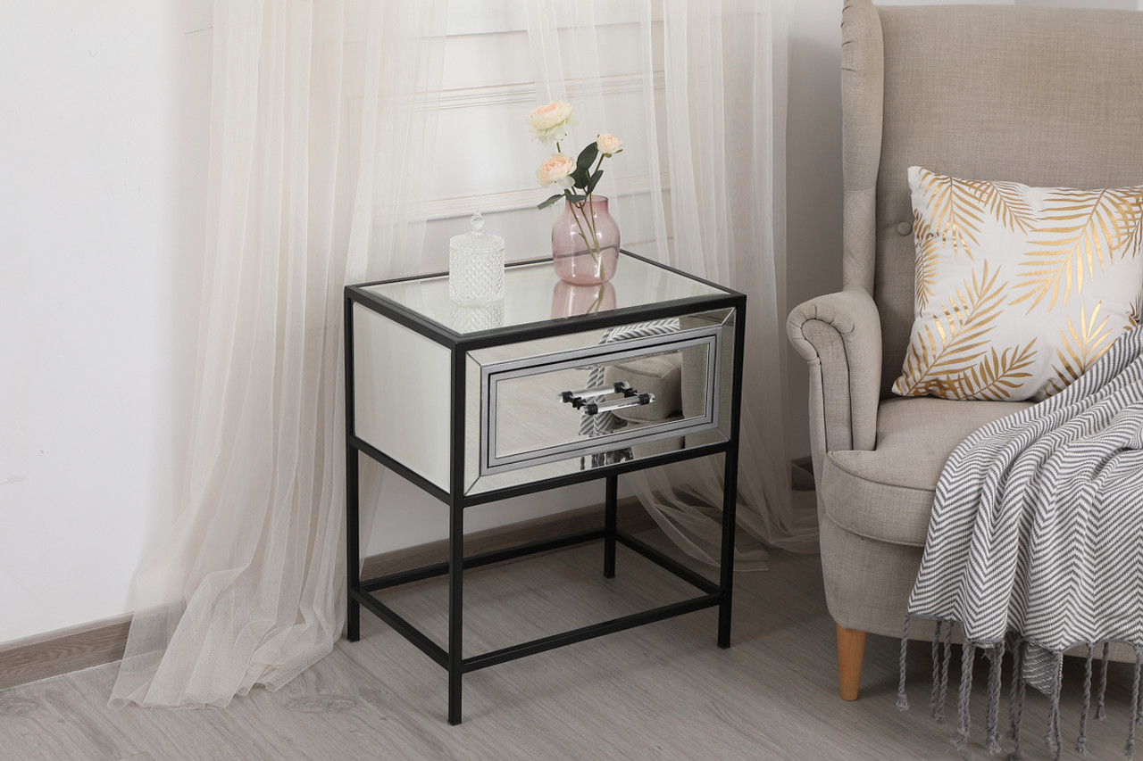 Elegant Decor MF73015BK 21 inch mirrored one drawer end table in black Elegant Decor MF73015BK 21 inch mirrored one drawer end table in black