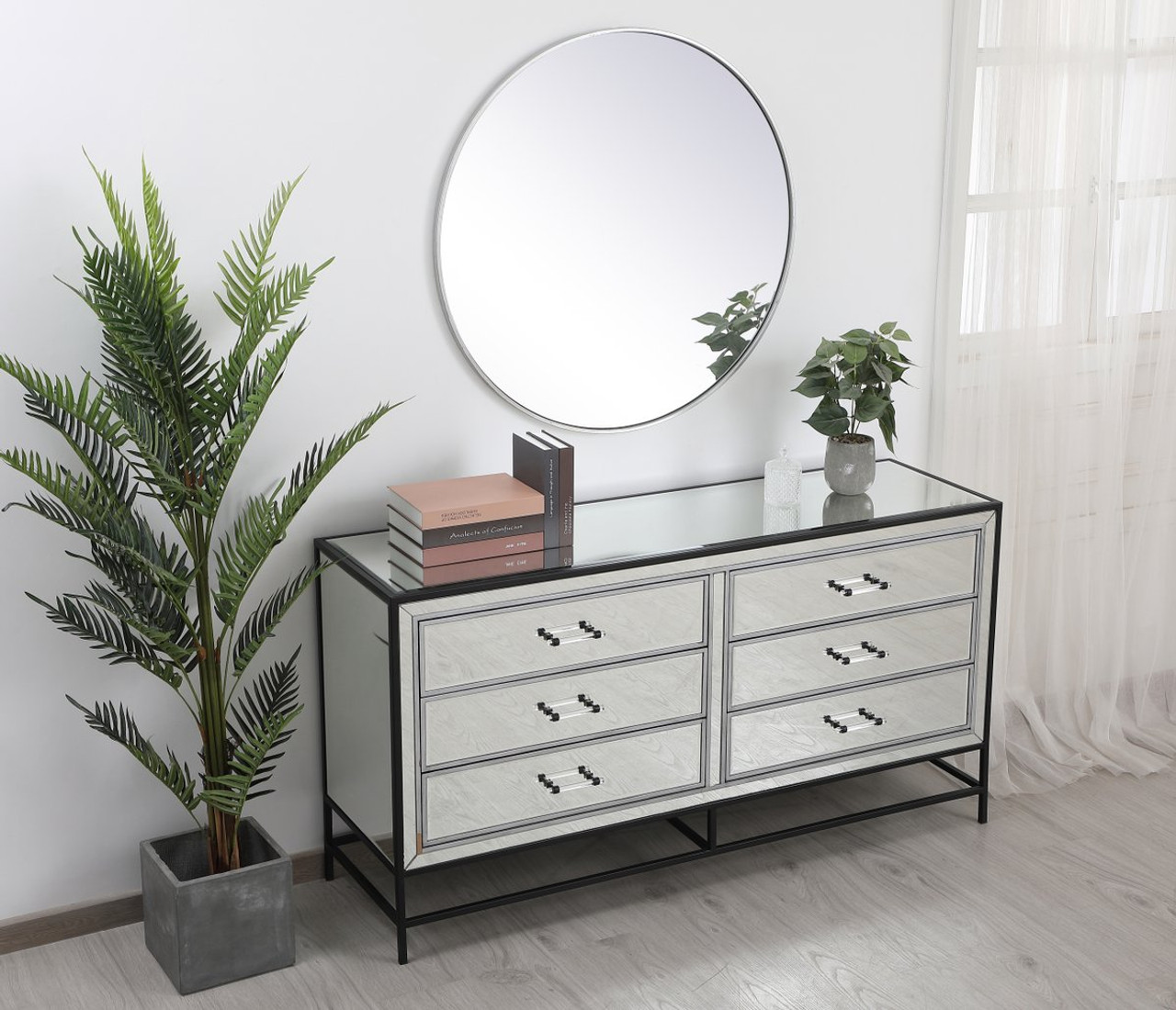 Elegant Decor MF73036BK 60 inch mirrored 6 drawers chest in black