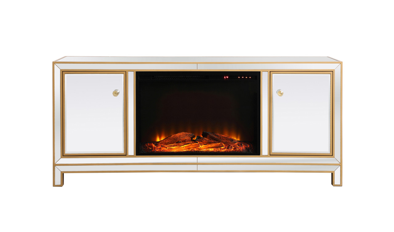 Elegant Decor MF701G-F1 Reflexion 60 in. mirrored tv stand with wood fireplace in gold