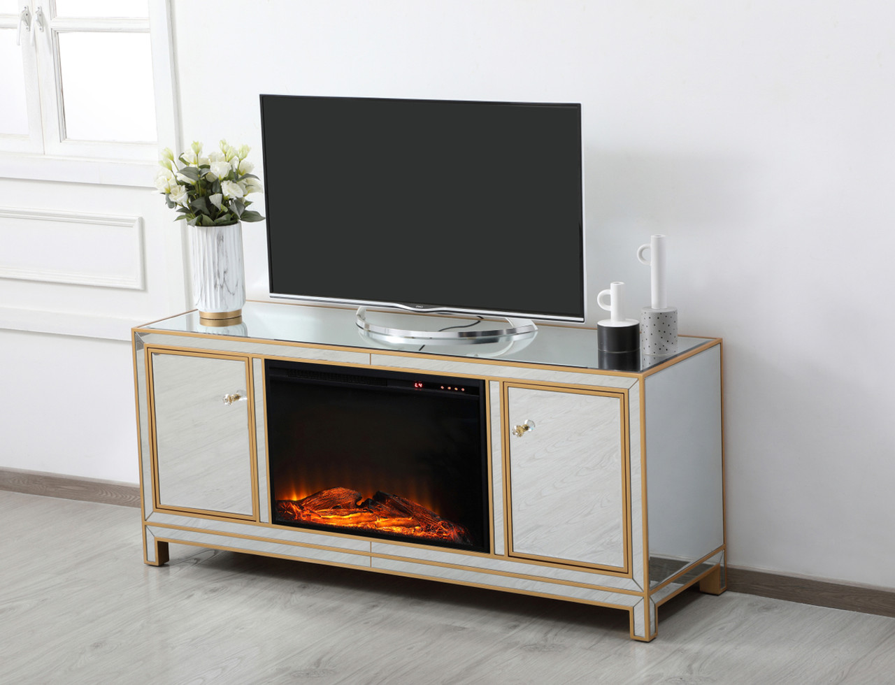 Elegant Decor MF701G-F1 Reflexion 60 in. mirrored tv stand with wood fireplace in gold