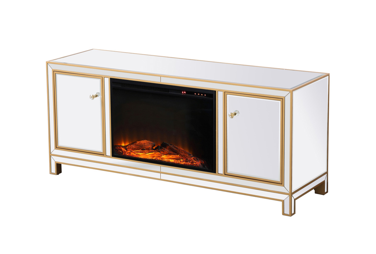 Elegant Decor MF701G-F1 Reflexion 60 in. mirrored tv stand with wood fireplace in gold