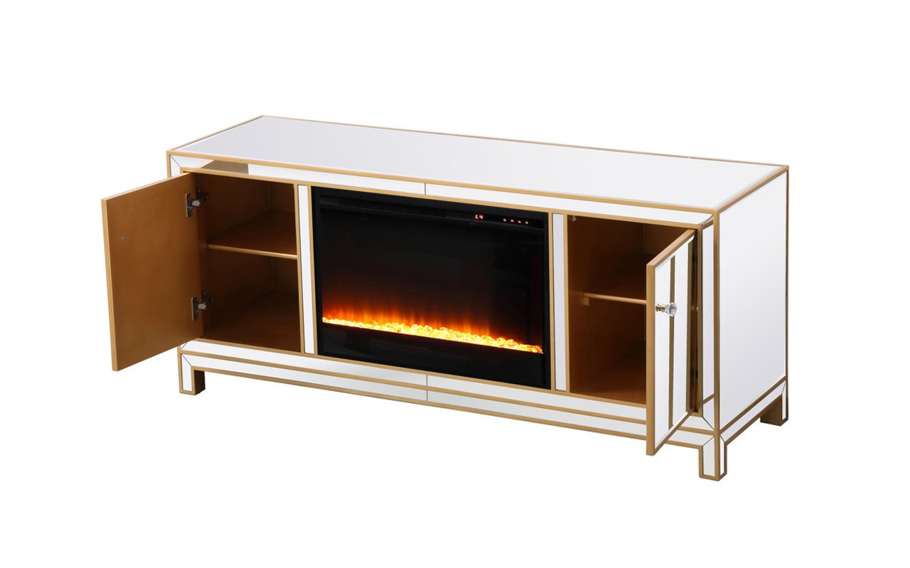 Elegant Decor MF701G-F2 Reflexion 60 in. mirrored tv stand with crystal fireplace in gold