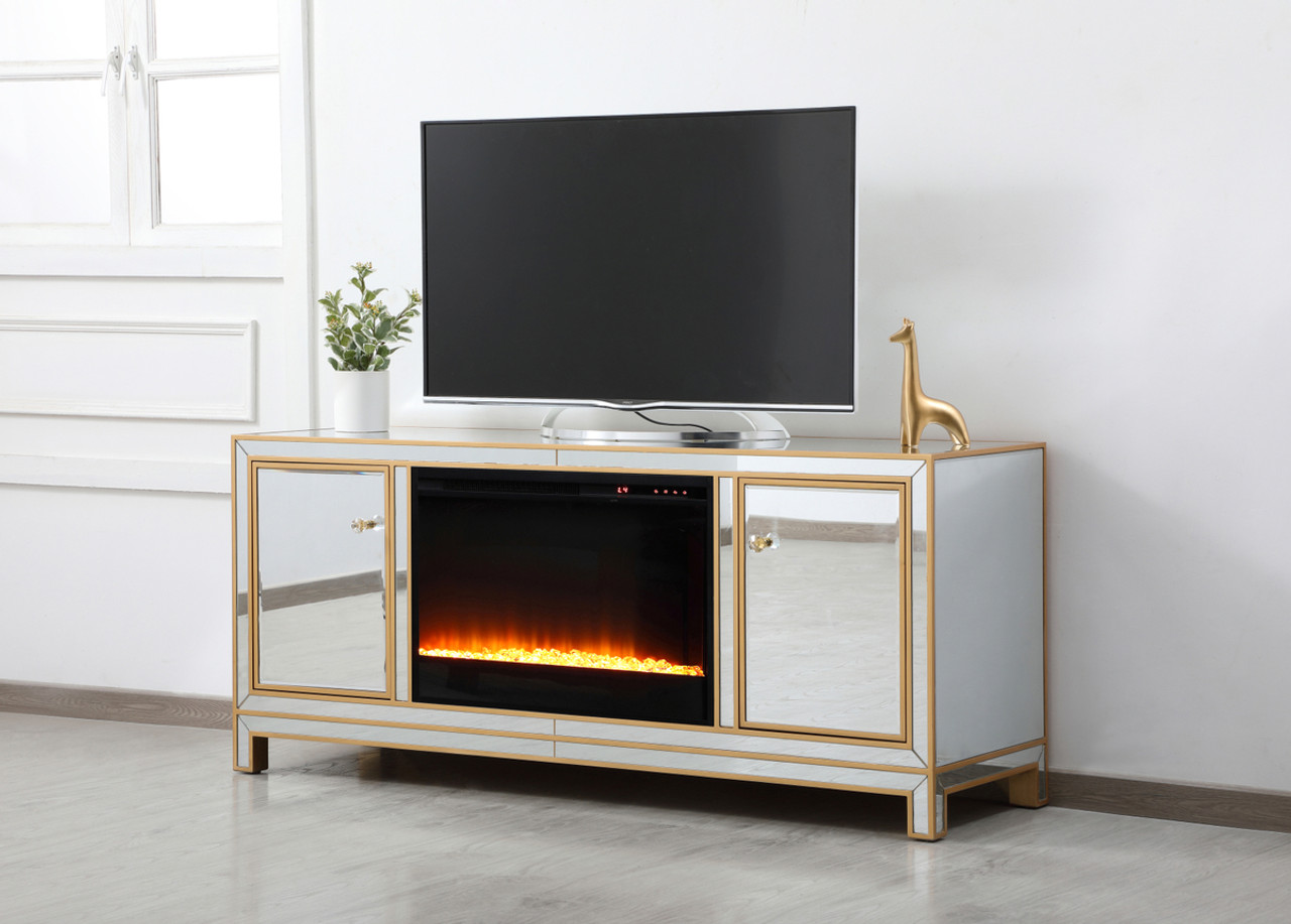 Elegant Decor MF701G-F2 Reflexion 60 in. mirrored tv stand with crystal fireplace in gold