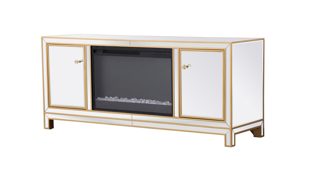 Elegant Decor MF701G-F2 Reflexion 60 in. mirrored tv stand with crystal fireplace in gold