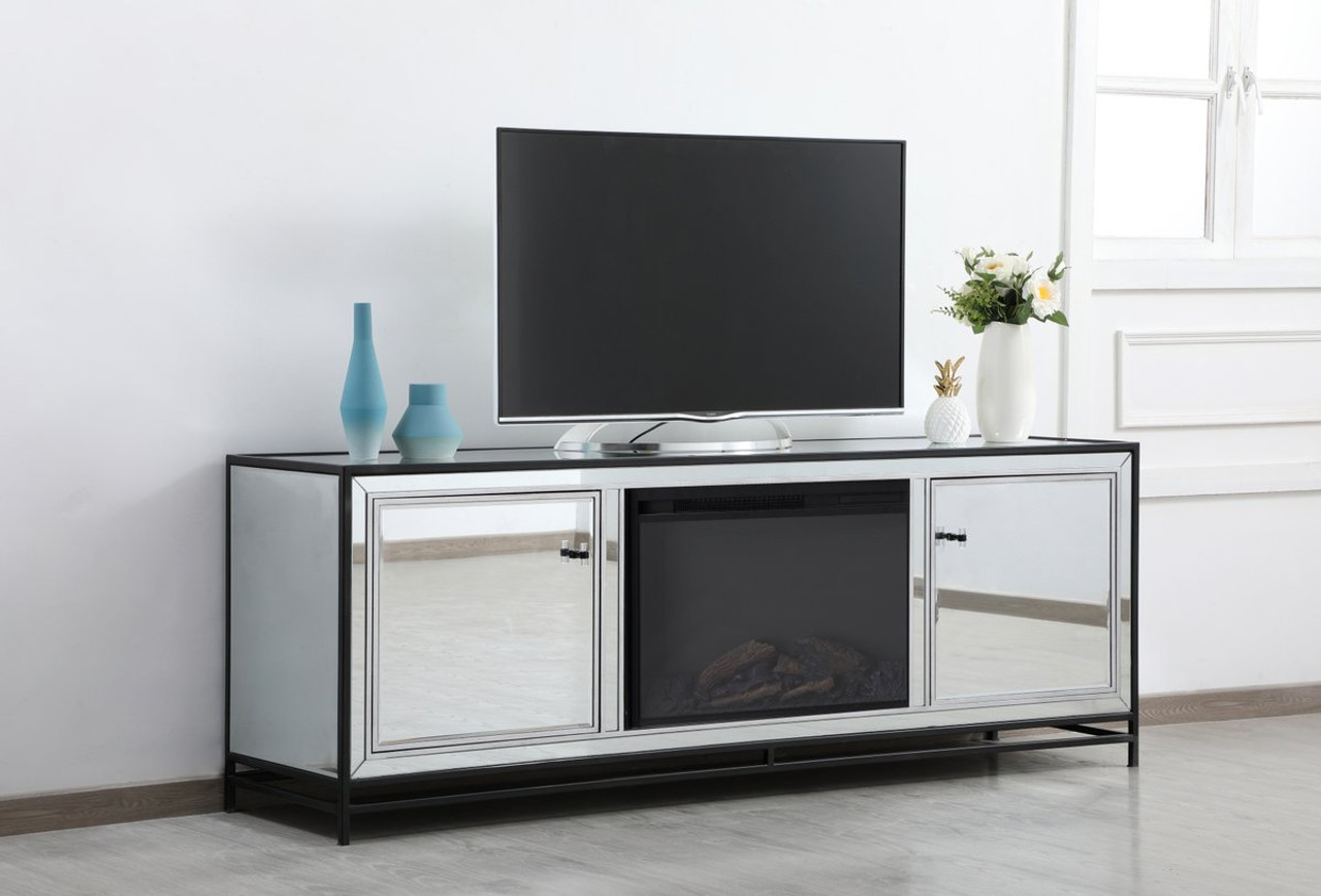 Elegant Decor MF70172BK-F1 James 72 in. mirrored tv stand with wood fireplace in black